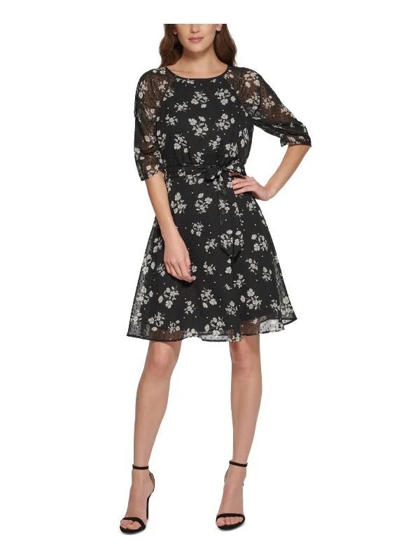 ladies-flared-dress-lightweight-lift-Petites Womens Floral Print Knee Fit & Flare Dress