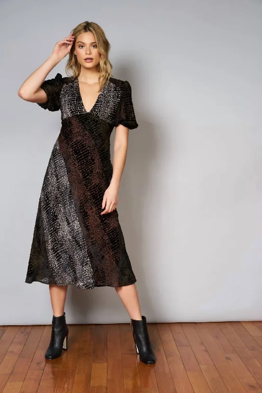 ladies-midi-dress-heather-hush-Arrie Midi Dress In Black/Brown Print