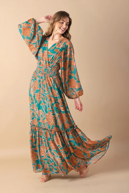 Women's maxi dress loose flair -FLEETING FAUNA WOVEN MAXI DRESS