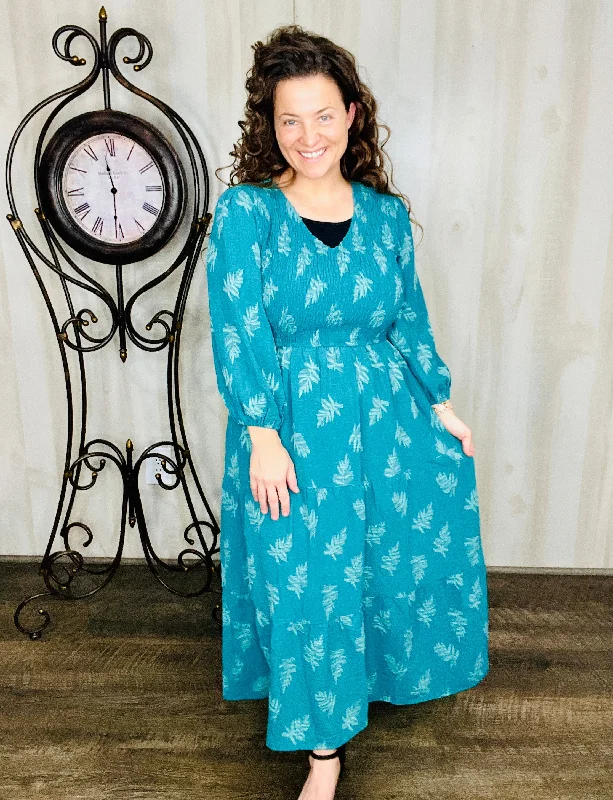 Women's maxi dress calm chic -Teal Leaf Print Maxi Dress