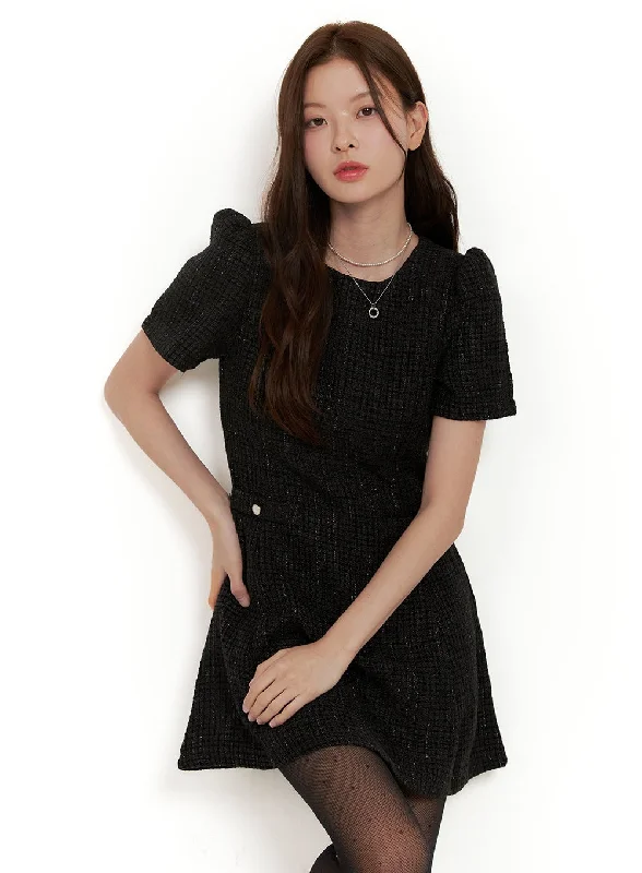 Women's mini dress half pop -Puff Sleeve Solid Mini Dress OD403