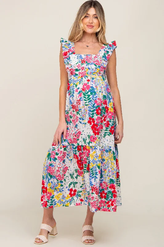 Women's maxi dress thread glow -Multicolor Floral Ruffle Accent Maternity Maxi Dress