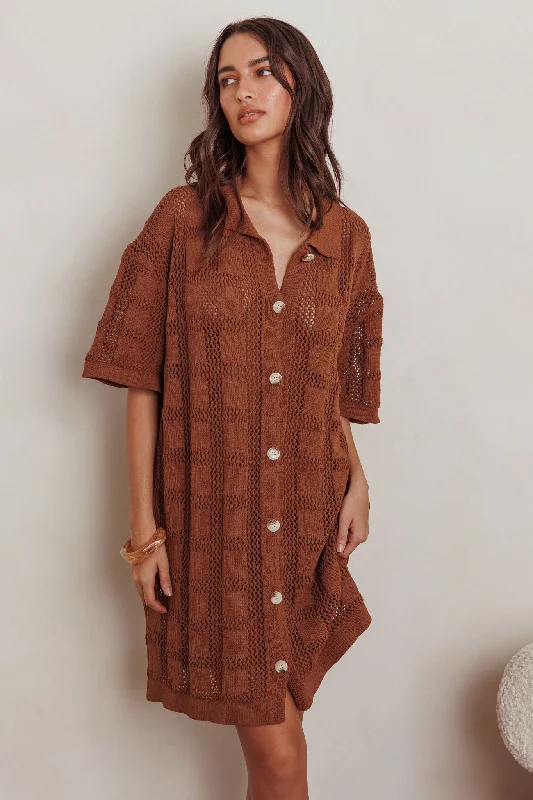 Women's shirt dress fade flair -Best Friend Knit Shirt Dress Chocolate