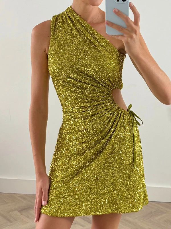 Women's mini dress quiz chic -Ayla One Shoulder Mini Dress / Lime Sequin