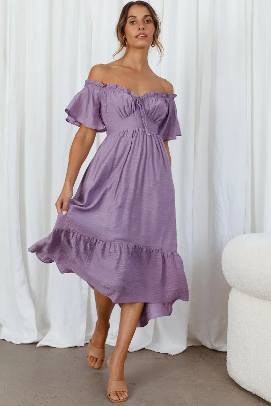 ladies-midi-dress-tie-dye-twist-Dandelion Off-Shoulder Tied Back Midi Dress Purple