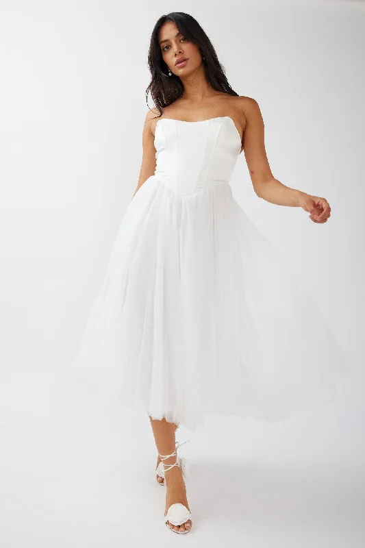 ladies-midi-dress-effortless-ember-Rosemary Tulle Bustier Midi Dress White