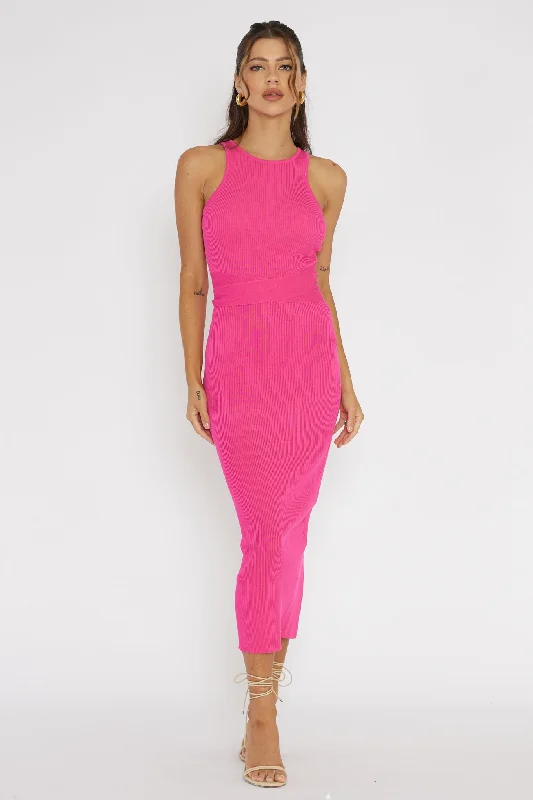 ladies-midi-dress-glitter-gleam-Charmed Me Ribbed Knit Midi Dress Hot Pink