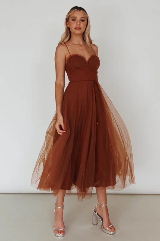 ladies-midi-dress-scoop-sway-Smitten Sweetheart Neckline Chiffon Midi Dress Chocolate