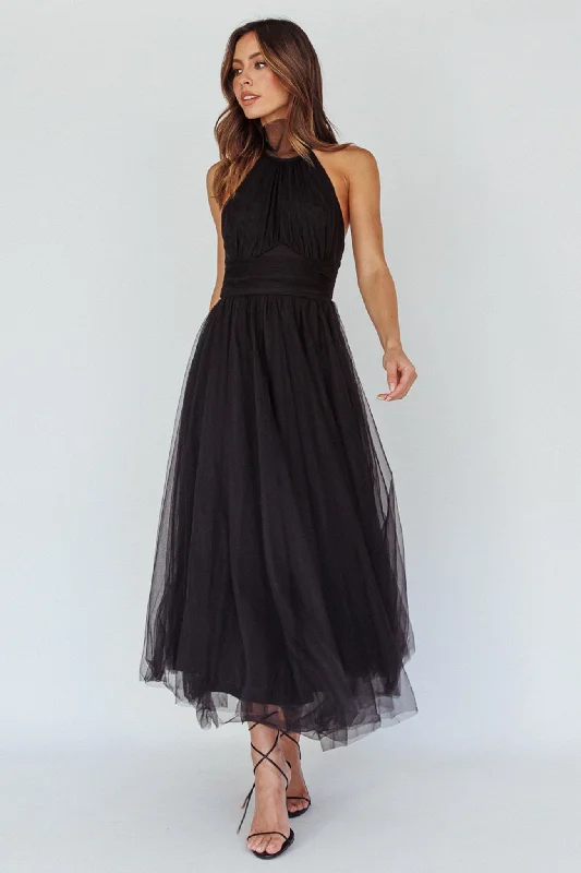 ladies-midi-dress-versatile-vibe-Andria Halterneck Tulle Midi Dress Black