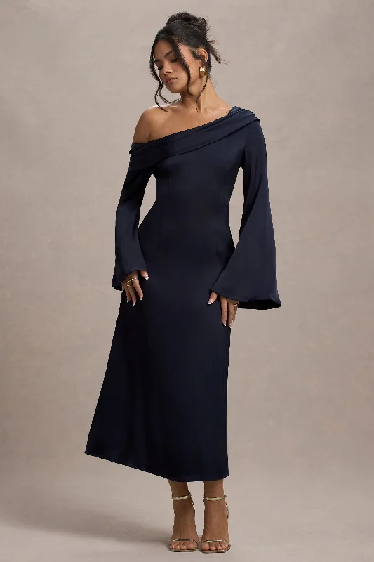 ladies-flared-dress-blue-bloom-Astral | Navy Satin Asymmetric Flared-Sleeve Midi Dress