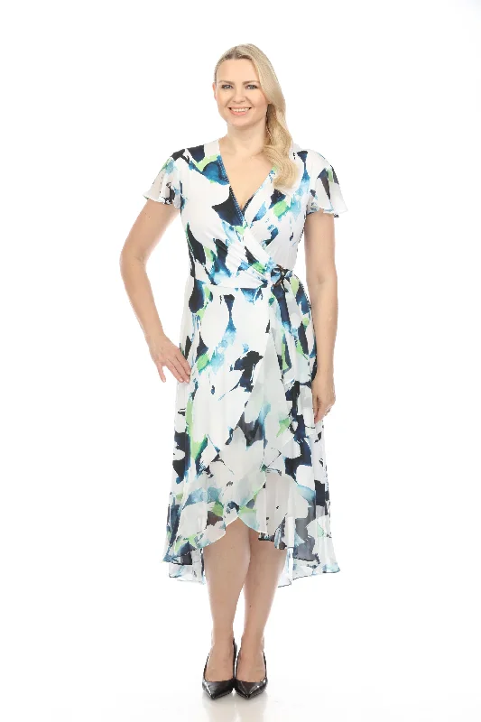 Women's maxi dress ease pop -Joseph Ribkoff Vanilla/Multi Floral Print Flutter Sleeve Ruffled Chiffon Maxi Wrap Dress 242703