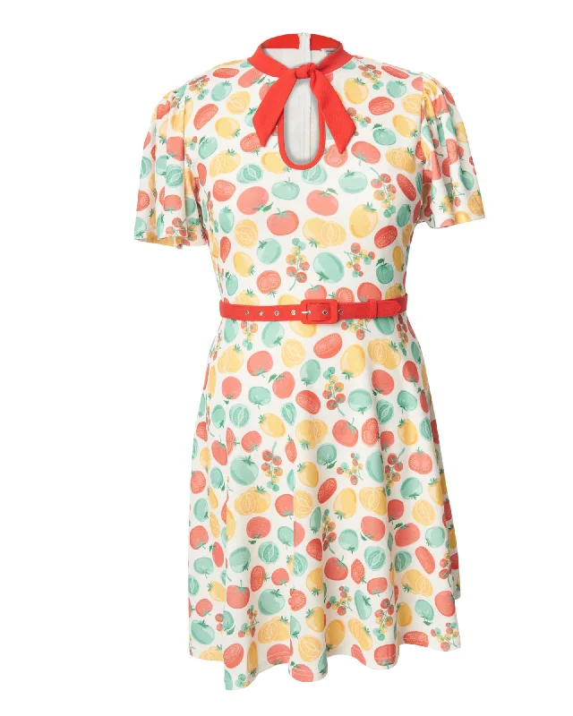 ladies-flared-dress-amber-awe-Unique Vintage Ivory & Red Tomato Print Flare Dress | White & Tomato Print