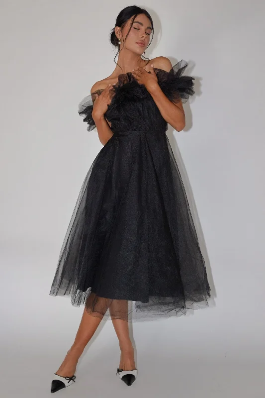 ladies-midi-dress-sale-sweep-May Rose Off-Shoulder Tulle Midi Dress Black