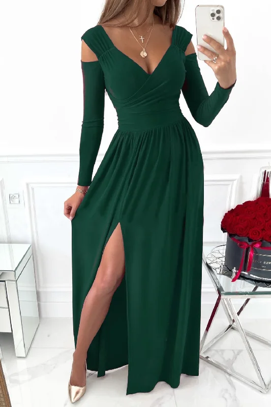 Women's maxi dress vine chic -Slit Surplice Long Sleeve Maxi Dress