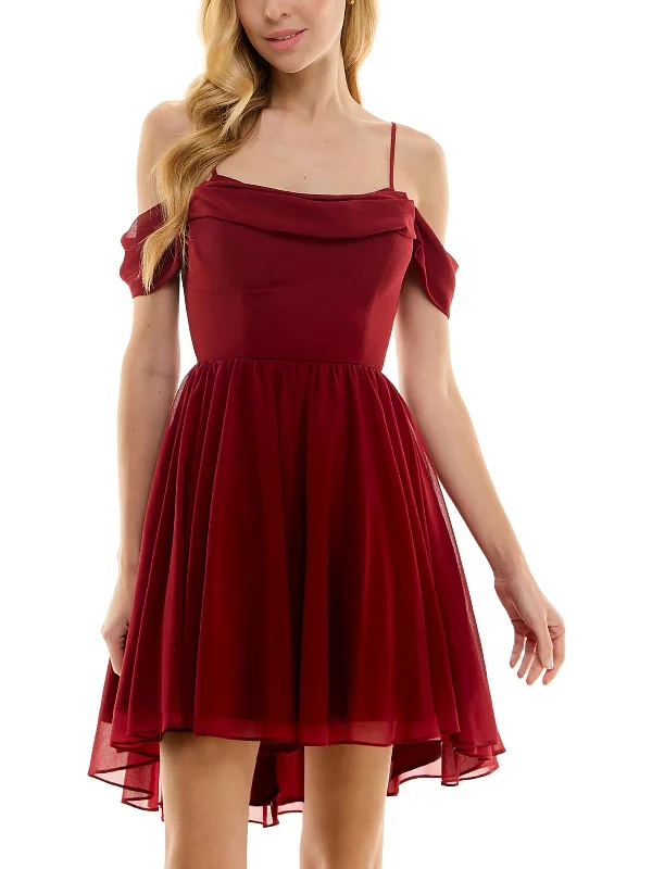 ladies-flared-dress-burgundy-bloom-Juniors Womens Layered Polyester Fit & Flare Dress