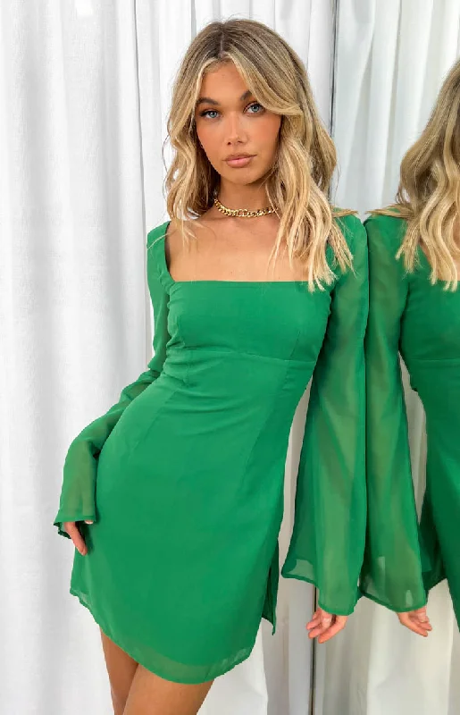 Women's mini dress trek pop -Amalfi Green Long Sleeve Lace Up Mini Dress