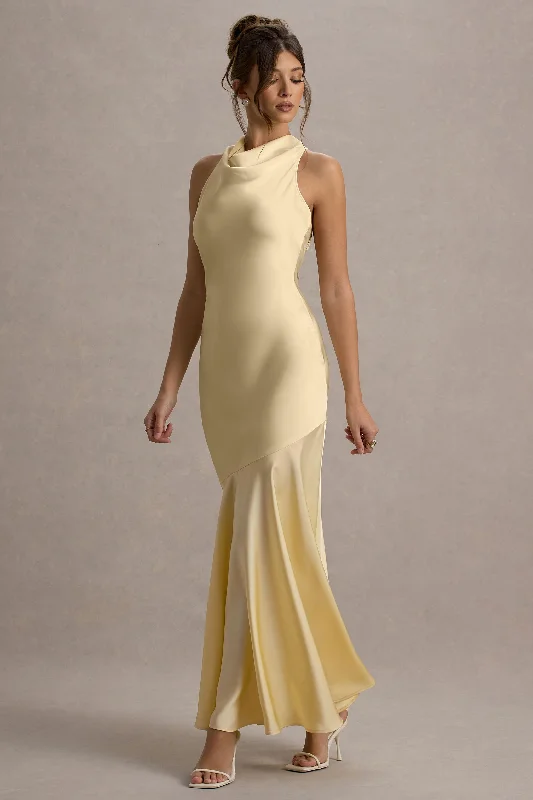 Women's maxi dress spin chic -Amelita | Lemon Satin Cowl-Neck Fishtail Maxi Dress