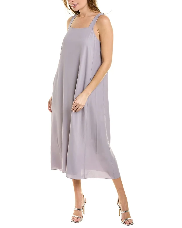 ladies-midi-dress-petite-poise-EILEEN FISHER Square Neck Silk Midi Dress