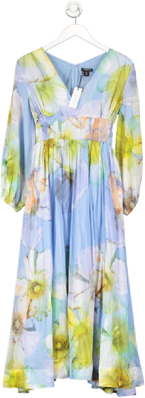 Women's maxi dress drop flair -Karen Millen Blue Petite Photographic Floral Silk Cotton Maxi Dress UK 4