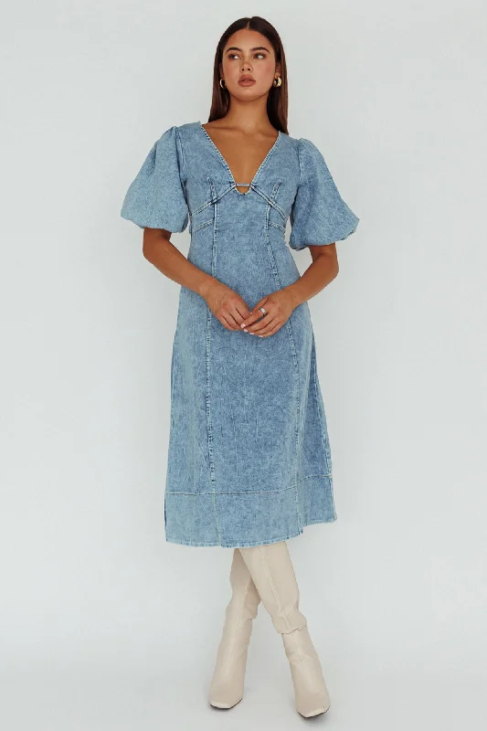 ladies-midi-dress-flowy-fresh-Elias Puff Sleeve Midi Dress Denim