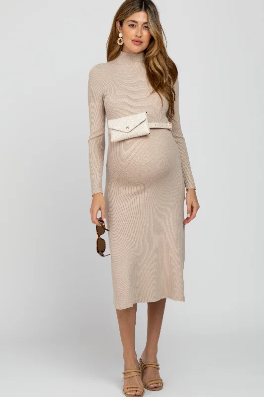 ladies-flared-dress-mint-mirth-Beige Mock Neck Flared Maternity Midi Dress