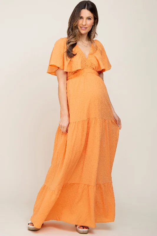 Women's maxi dress silk glow -Orange Crepe Flounce Sleeve Tiered Maternity Maxi Dress