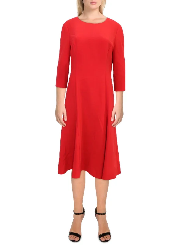 ladies-flared-dress-long-sleeve-luxe-Womens Flared Three-Quarter Sleeve Midi Dress