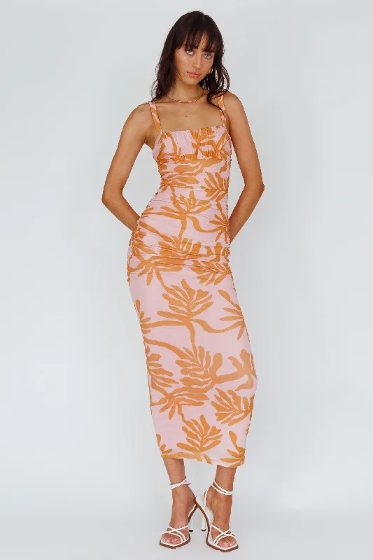 ladies-midi-dress-mauve-mirth-Hawaiian Sun Ruched Bust Midi Dress Print Pink