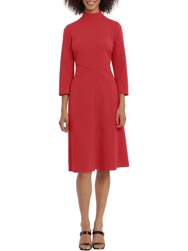 ladies-flared-dress-social-silk-Womens Pintuck Mid Calf Fit & Flare Dress