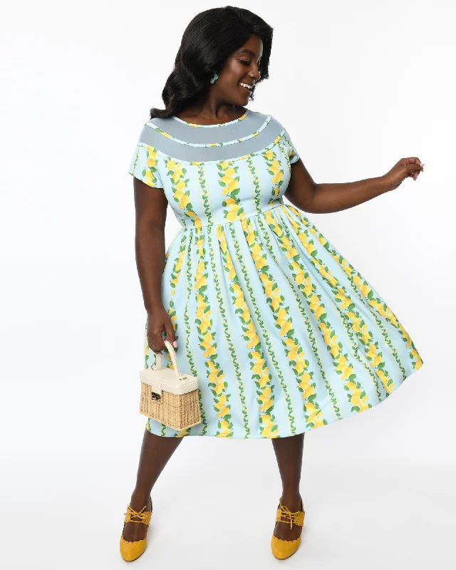 ladies-flared-dress-beach-breeze-Unique Vintage Plus Size Mint & Lemon Print Flare Dress | Mint & Lemon Print