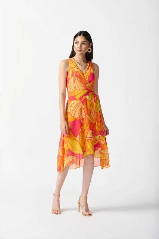 ladies-flared-dress-blue-bloom-Joseph Ribkoff Pink/Multi Tropical Print Faux Wrap Midi Fit & Flare Dress 242015