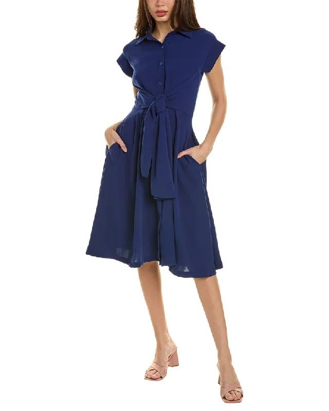 Women's shirt dress spin flair -Gracia Tie Waist Shirtdress