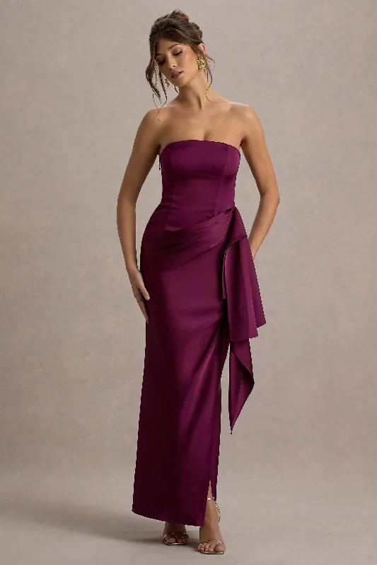 Women's maxi dress buzz chic -Loz | Burgundy Satin Bandeau Draped Maxi Dress