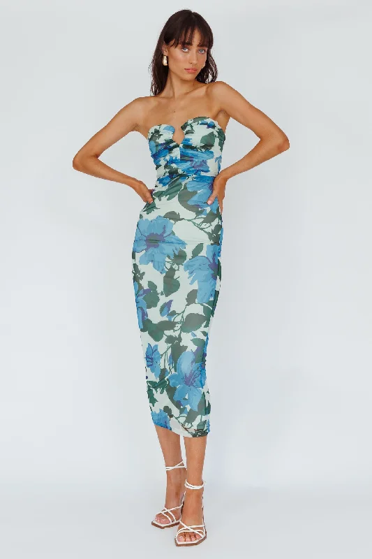 ladies-midi-dress-90s-nimbus-Lahita Strapless Midi Dress Floral Blue