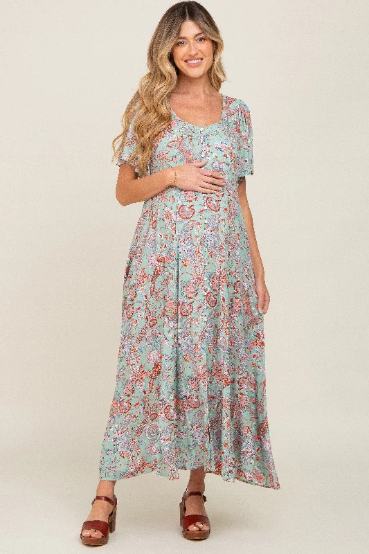 Women's maxi dress core chic -Mint Green Floral Button Front Short Flutter Sleeve Maternity Maxi Dress