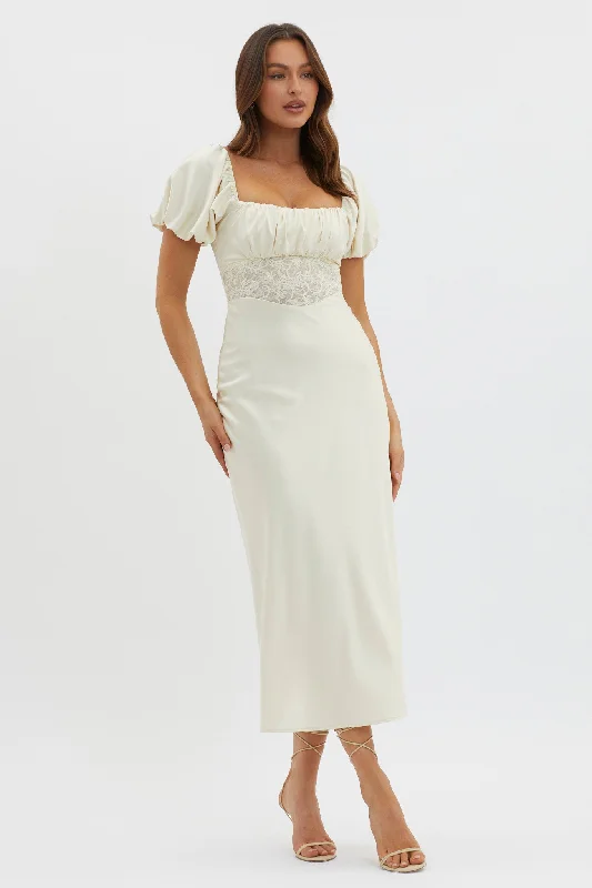 ladies-midi-dress-runway-ripple-Allianna Puff Sleeve Lace Waist Midi Dress Butter