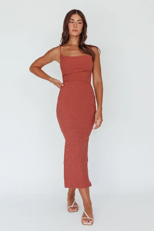 ladies-midi-dress-flowy-fresh-Frieda Cowl Neck Side Split Ribbed Midi Dress Rust