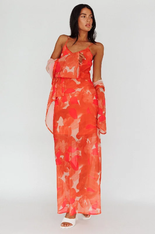 ladies-midi-dress-low-cut-lush-Stasi Cami Strap Midi Dress Floral Orange