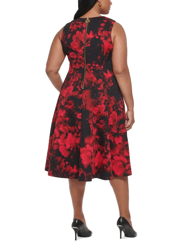 ladies-flared-dress-coral-cool-Plus Womens Floral Midi Fit & Flare Dress