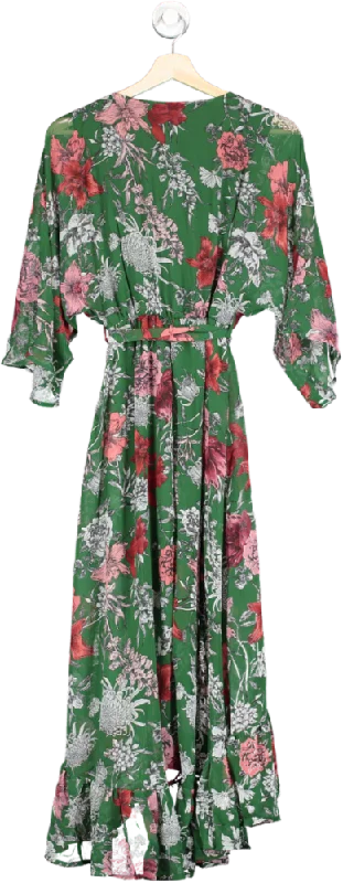 Women's maxi dress sew flair -SilkFred Green Kimono Sleeve Floral Maxi Dress Size 8