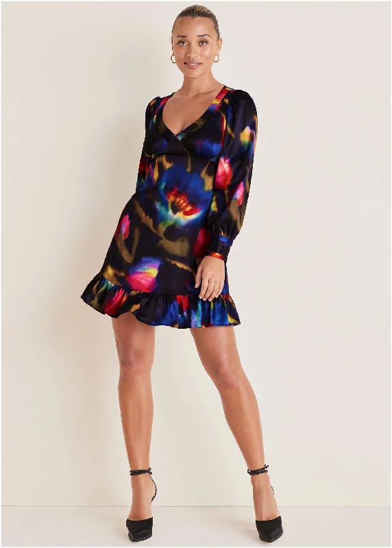 Women's mini dress slit glow -Long Sleeve Mini Dress - Watercolor Bouquet