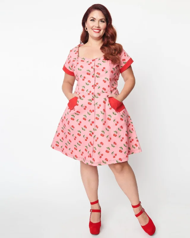 ladies-flared-dress-chiffon-chic-Unique Vintage Pink Denim & Cherry Print Fit & Flare Dress | Pink