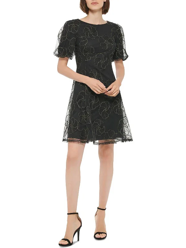 ladies-flared-dress-photo-petal-Womens Embroidered Mesh Fit & Flare Dress