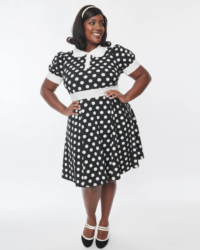 ladies-flared-dress-tie-front-twirl-Smak Parlour Black & White Polka Dot Print Flare Dress | Black, Polka Dot