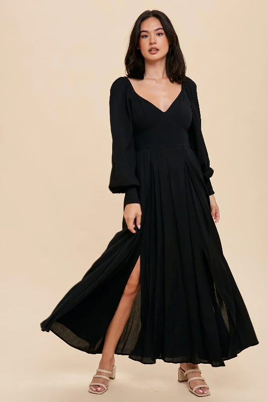 ladies-flared-dress-peach-petal-Black Flared Maxi Dress