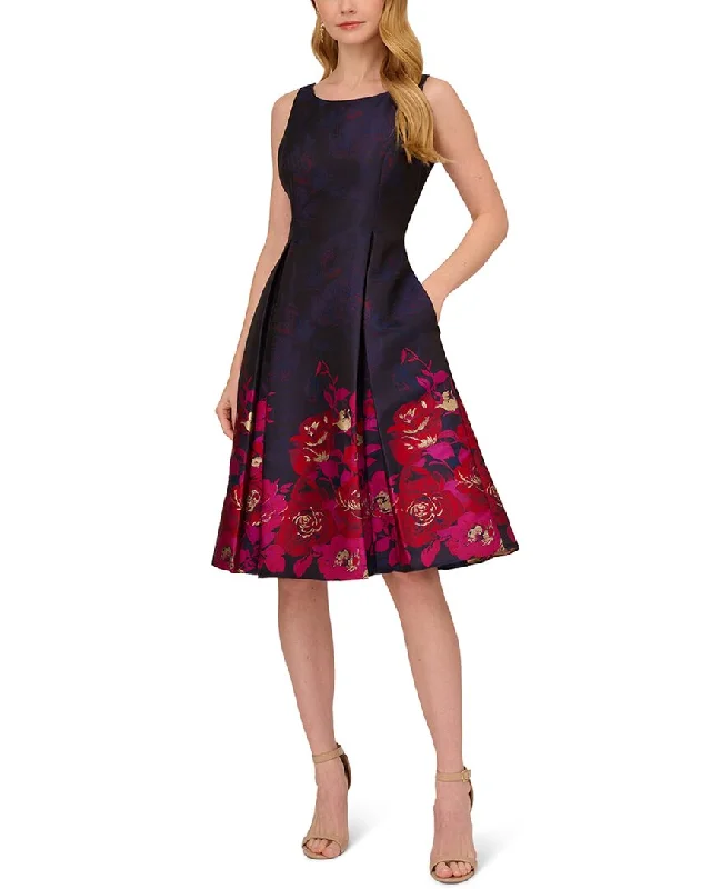 ladies-flared-dress-rose-ripple-Adrianna Papell Metallic Floral Border Fit Flare Jacquard Dress