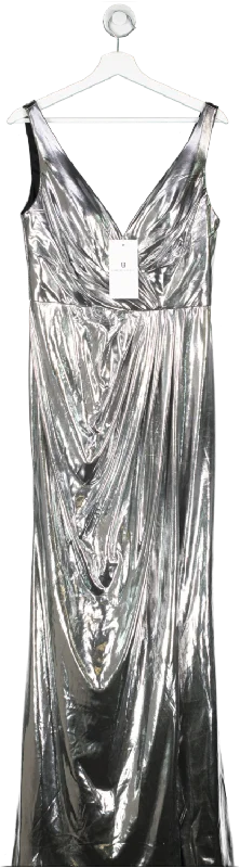 Women's maxi dress trip pop -Forever Unique Metallic Limited Edition Silver Maxi Dress With Gathered Waist And Split UK 12