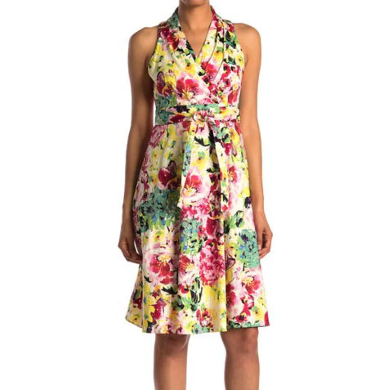 ladies-flared-dress-tiktok-twirl-London Times Women's Cotton Blend Floral Print Belted Fit & Flare Midi Dress