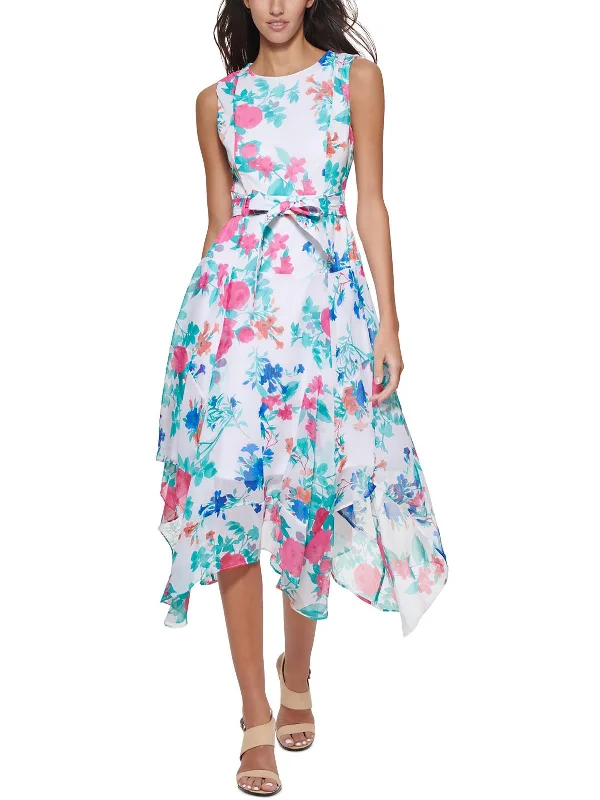 ladies-flared-dress-draped-dawn-Womens Floral Print Midi Fit & Flare Dress