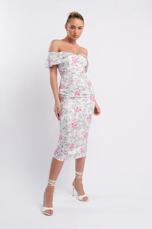 ladies-midi-dress-influencer-iris-Lillianne Off-Shoulder Midi Dress Floral Pink